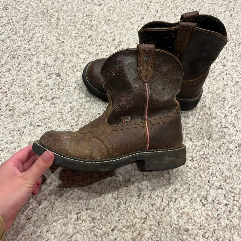 Justin Girls Cowboy Boots Light Up Sz 3D Leather Brown Pink Western Casual
